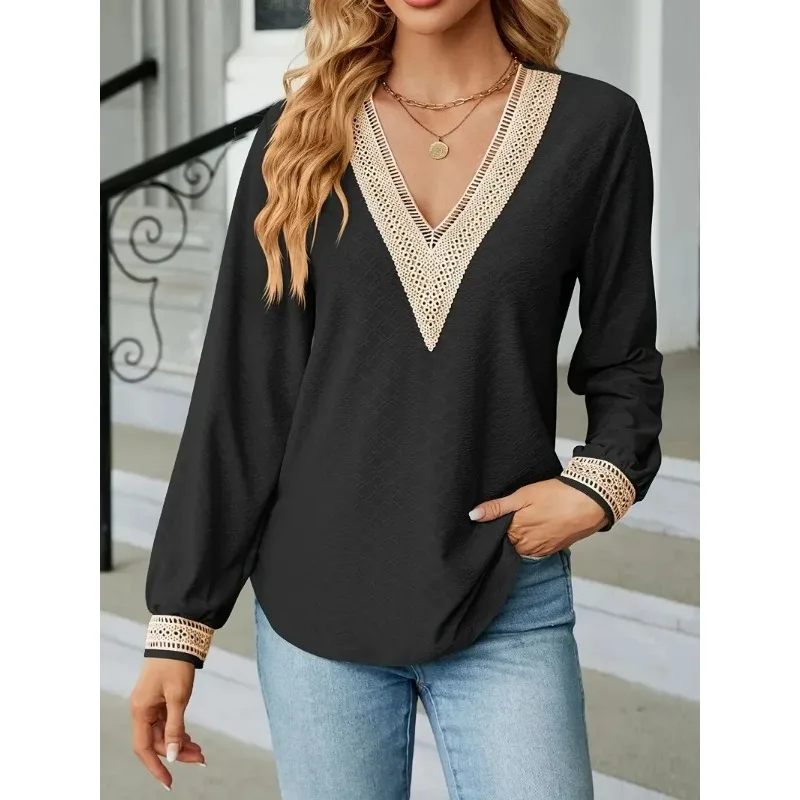 Women's Plus Size 1XL-5XL Elegant Lace Patchwork Top Fashion V-neck Loose Long-sleeved Solid Color T-shirt
Women's Plus Size 1XL-5XL Elegant Lace Patchwork Top Fashion V-neck Loose Long-sleeved Solid Color T-shirt