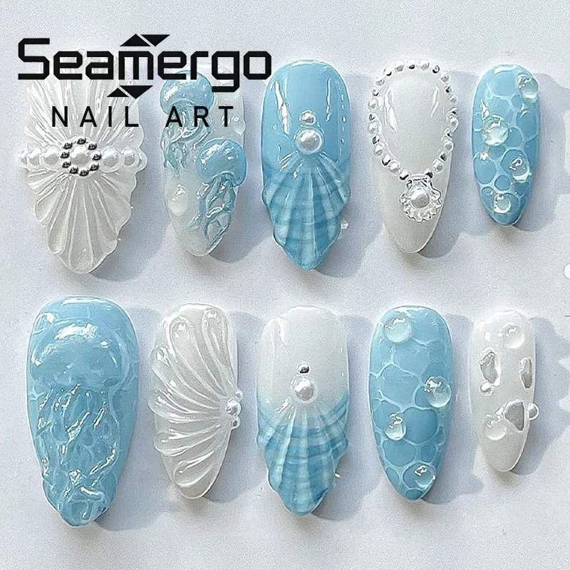 24PCS Press on Nails Art Summer Blue Ocean Jellyfish Almond False Nails 3D White Ripple Shell with Pearl Fake Nails High Quality
24PCS Press on Nails Art Summer Blue Ocean Jellyfish Almond False Nails 3D White Ripple Shell with Pearl Fake Nails High Quality