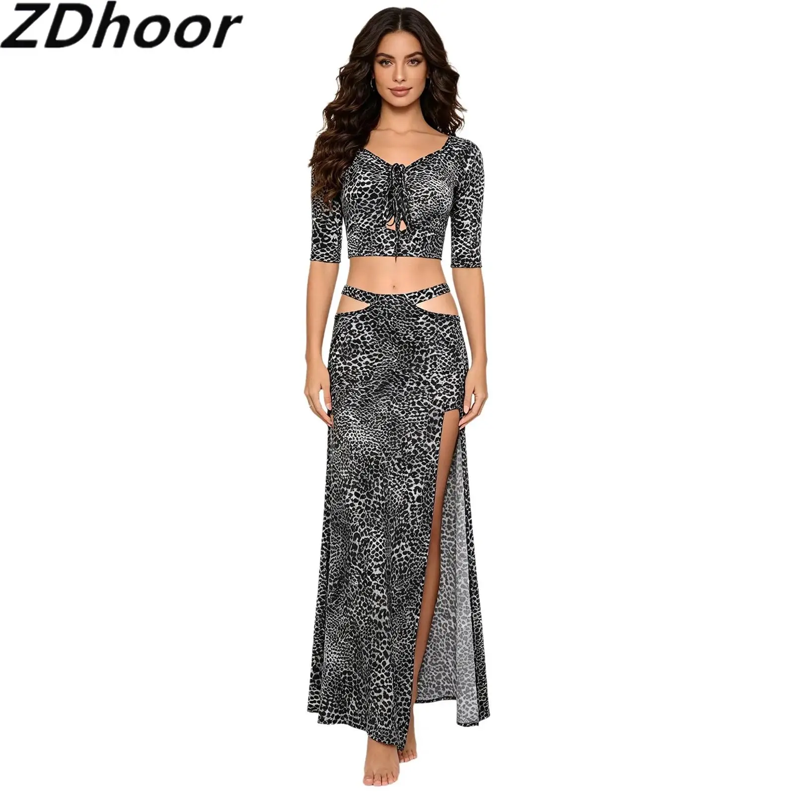 Womens Belly Dance Printed Dress Set Hollow Half Sleeve Front Drawstring Crop Top And Cutout Waist Split Hem Skirt with Shorts
Womens Belly Dance Printed Dress Set Hollow Half Sleeve Front Drawstring Crop Top And Cutout Waist Split Hem Skirt with Shorts
