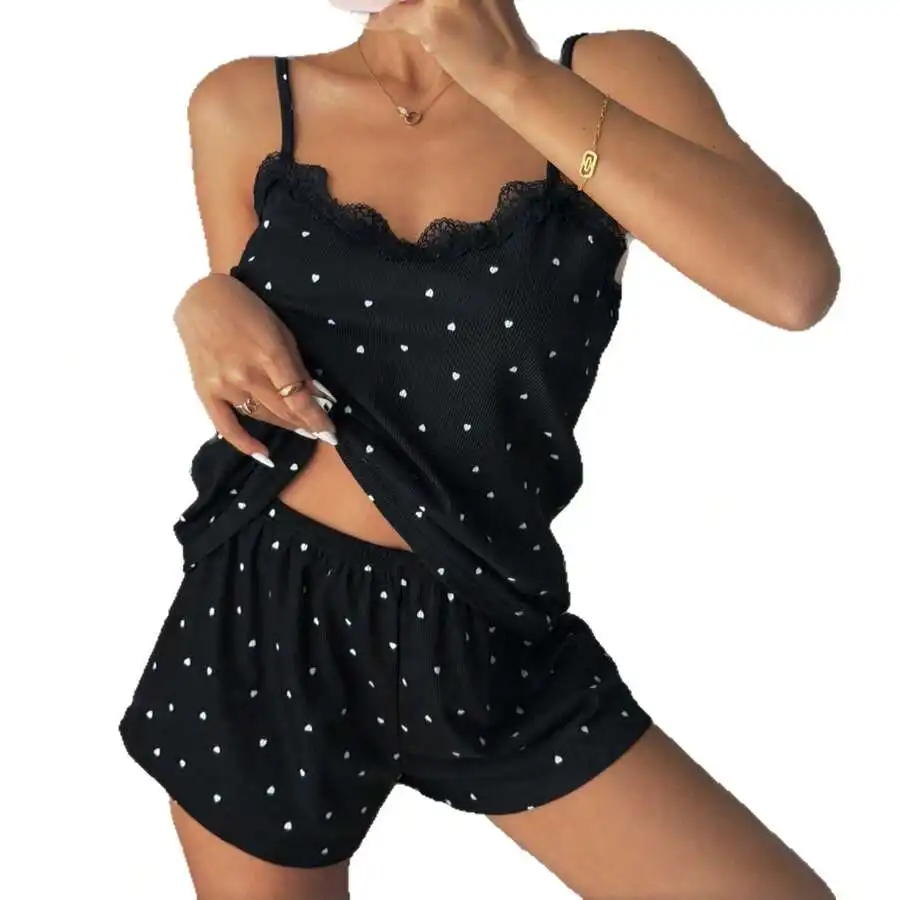 Women Heart Print Lace Trim Cami Pajama Set Ribbed Knit Sleepwear With Shorts
Women Heart Print Lace Trim Cami Pajama Set Ribbed Knit Sleepwear With Shorts