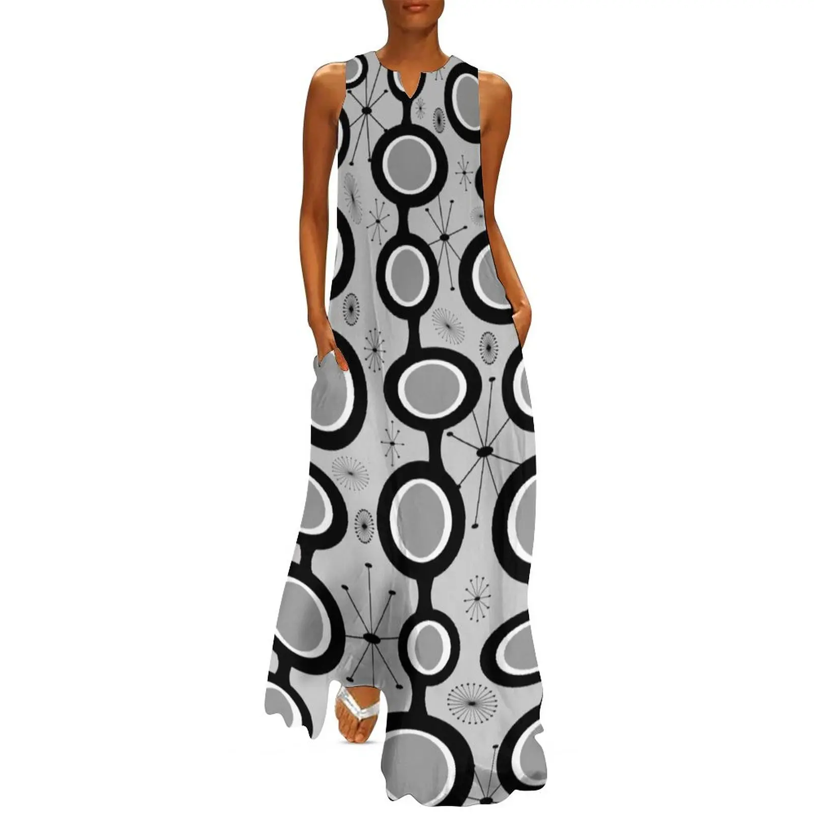 Gray Atomic Age Art - Mid Century Modern in Black & White Long Dress woman dress Dress
Gray Atomic Age Art - Mid Century Modern in Black & White Long Dress woman dress Dress
