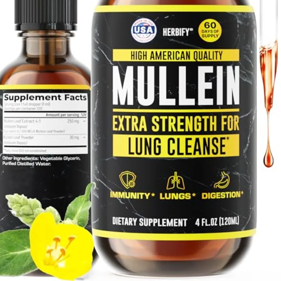 HERBIFY Mullein Drops - Lung Cleanse - Leaf Extract - Powerful Mullein for Immune port, Detox Respiratory port - Made in USA -
HERBIFY Mullein Drops - Lung Cleanse - Leaf Extract - Powerful Mullein for Immune port, Detox Respiratory port - Made in USA -