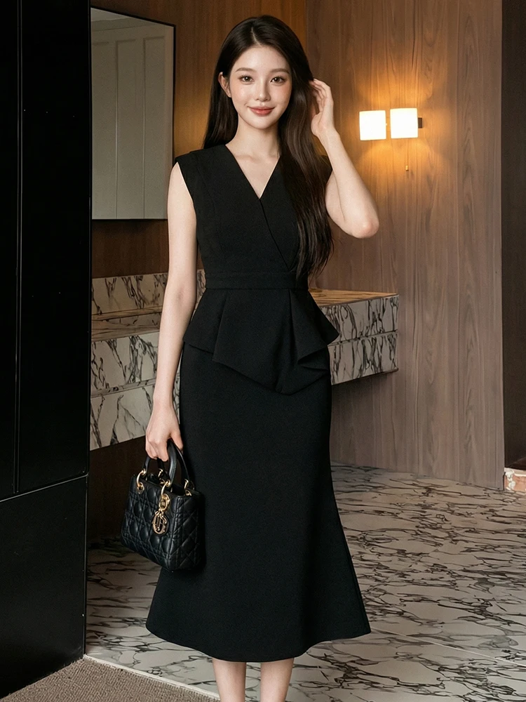 Women Black Sleeveless Blazer Dress V Neck Peplum Waist Midi Dresses Elegant Office Work Business Formal Bodycon Robe Vestidos
Women Black Sleeveless Blazer Dress V Neck Peplum Waist Midi Dresses Elegant Office Work Business Formal Bodycon Robe Vestidos