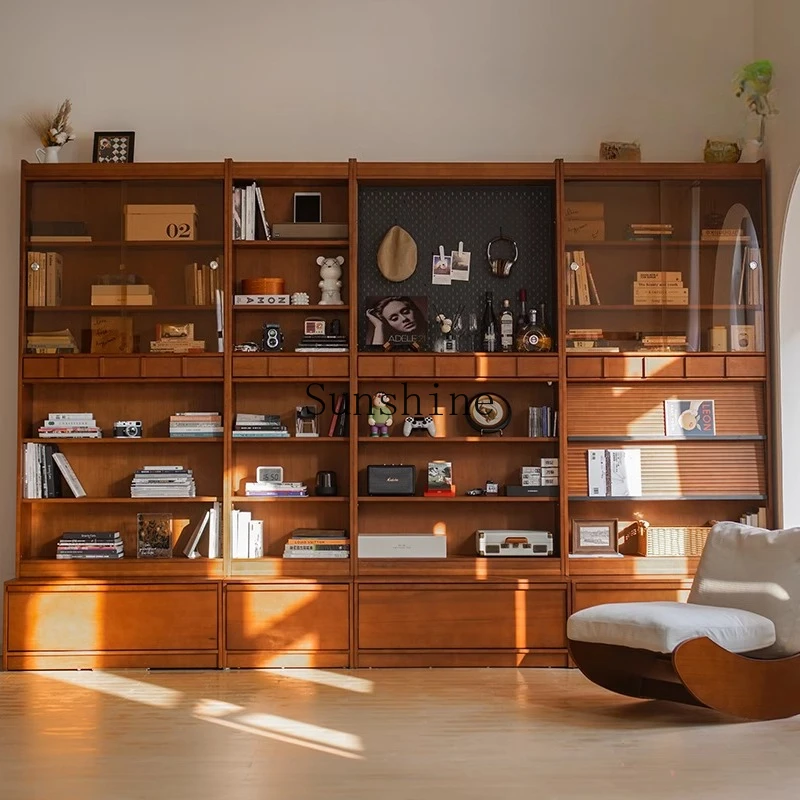 Solid wood card seat bookcase integrated, the whole wall is on the floor, the living room is with glass door storage display
Solid wood card seat bookcase integrated, the whole wall is on the floor, the living room is with glass door storage display