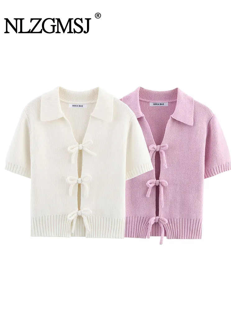 2025 Summer Casual Sweet Chic Women Sweater Solid Bow Short Sleeve Knitted Tops New Fashion Holiday Sweater
2025 Summer Casual Sweet Chic Women Sweater Solid Bow Short Sleeve Knitted Tops New Fashion Holiday Sweater