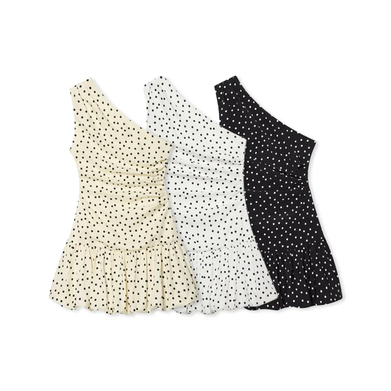 Women One Shoulder Sleeveless Polka Dot Mini Dress Ruched Waist Ruffle Hem Elegant Casual Party Short Dress Spring Summer
Women One Shoulder Sleeveless Polka Dot Mini Dress Ruched Waist Ruffle Hem Elegant Casual Party Short Dress Spring Summer