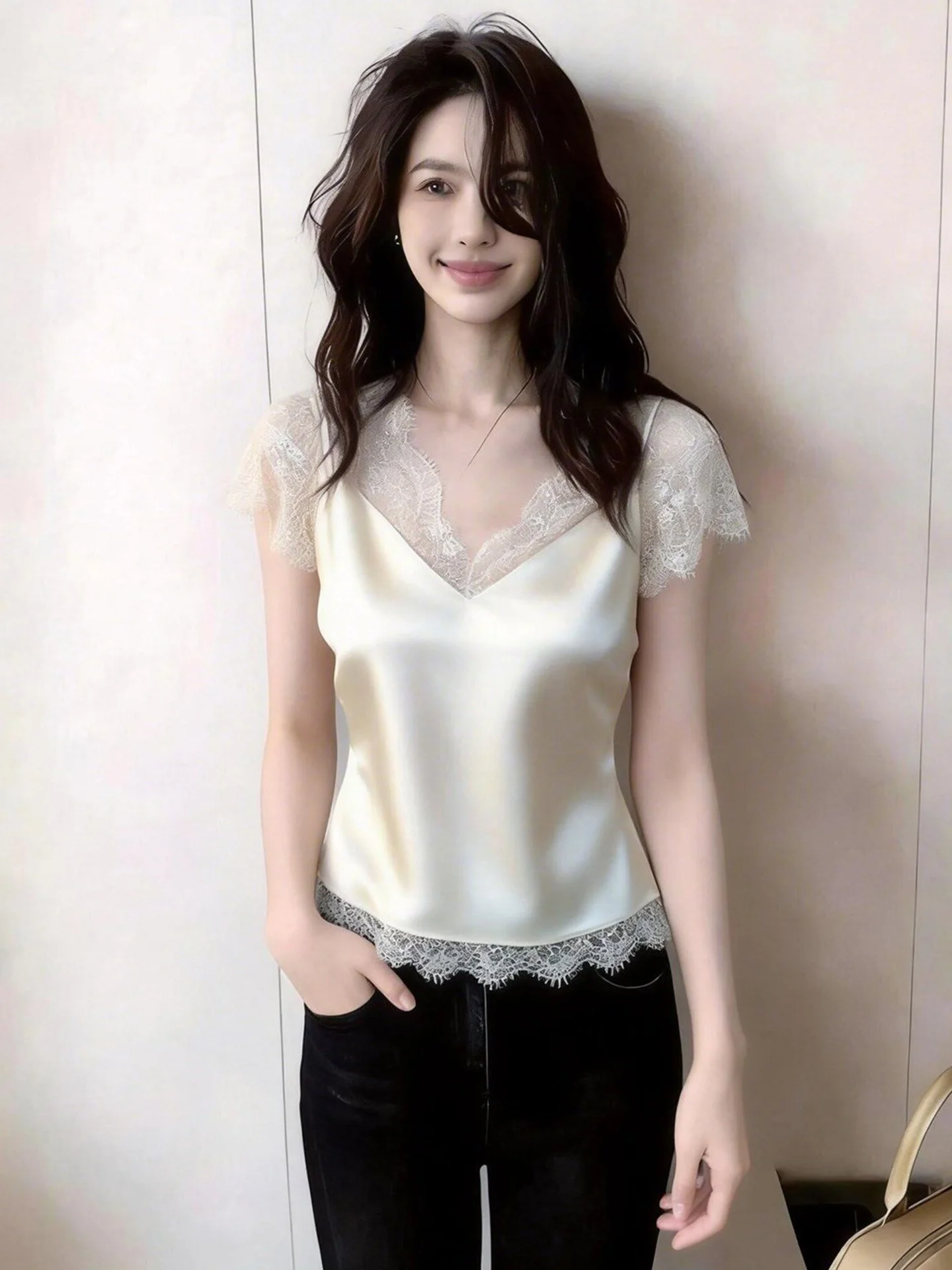 Elegant Lace Splice Short Sleeve Satin Base Shirt Versatile Top Spring Summer High End Feel Sophisticated Korean Style Commute
Elegant Lace Splice Short Sleeve Satin Base Shirt Versatile Top Spring Summer High End Feel Sophisticated Korean Style Commute