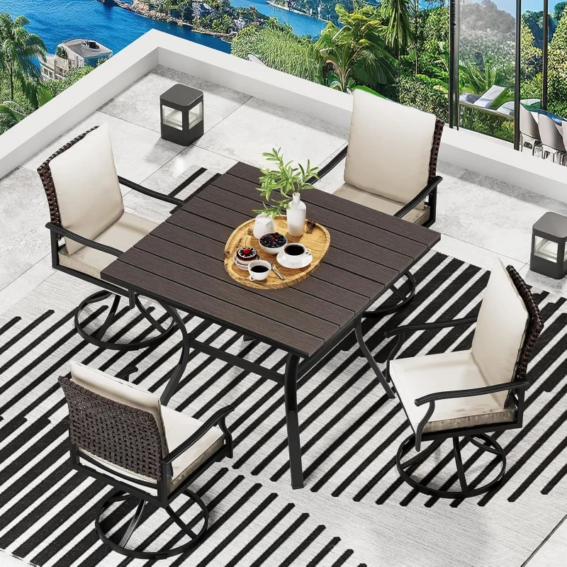 5-Piece Patio Dining Set – Large Round Table & 4 Swivel Chairs, Bistro Furniture Lawn Garden Deck Porch
5-Piece Patio Dining Set – Large Round Table & 4 Swivel Chairs, Bistro Furniture Lawn Garden Deck Porch