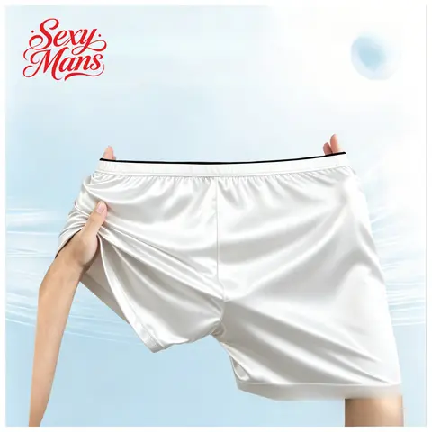 1PCS Men Loose Faux Leather Boxer Shorts Shiny Metallic Fabric Contrast Waistband Front Fly High Stretch Casual Home Short AD418