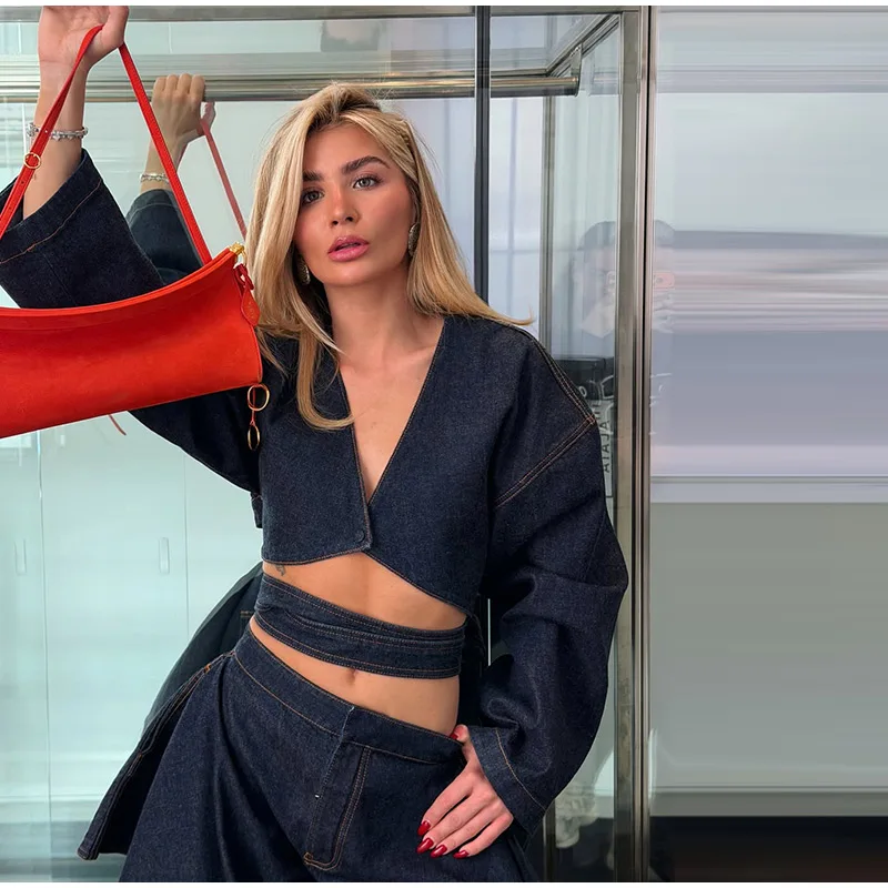 Fashion Denim Two-Piece Outfit Women's V-neck Lace Up Button Cropped Jacket Slit Wide Leg Pants 2026 New Lady Casual Streetwear 23 S2023e9732132405a988f9587882e481ck