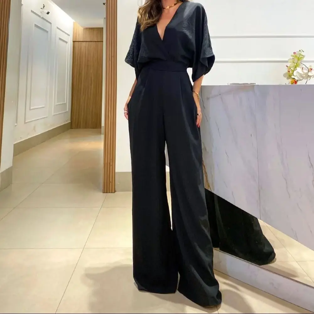 Black Green Slim Waist Elastic Jumpsuit Tall Women Fashion Bat Sleeve V-Neck High Ladies Overalls Long Loose Wide Legs Rompers
Black Green Slim Waist Elastic Jumpsuit Tall Women Fashion Bat Sleeve V-Neck High Ladies Overalls Long Loose Wide Legs Rompers