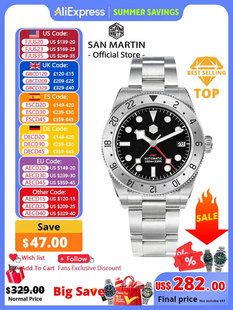 San Martin 39mm Luxury Men's Watch NH34 GMT Automatic Mechanical Bidirectional Bezel Watch 3H Date Waterproof 100m SN0109 Reloj
San Martin 39mm Luxury Men's Watch NH34 GMT Automatic Mechanical Bidirectional Bezel Watch 3H Date Waterproof 100m SN0109 Reloj