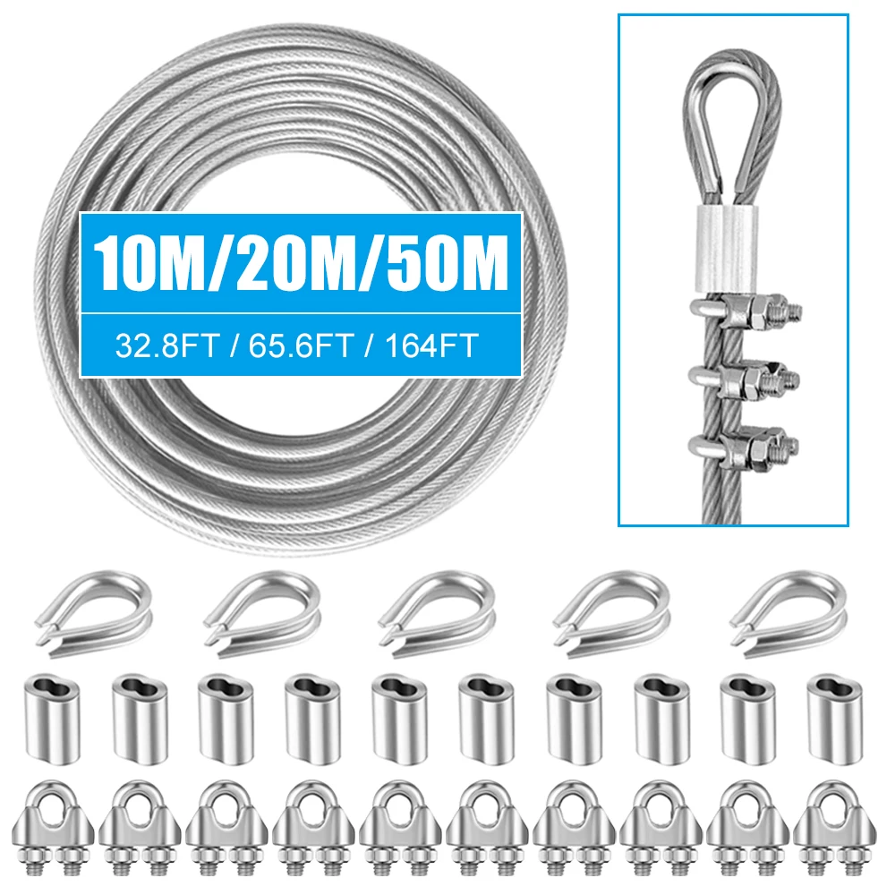 10-50M 2mm Stainless Steel Wire Rope Kit with Aluminum Sleeve Chicken Heart Ring U-shaped Cable Clamp for Clothesline Fence
10-50M 2mm Stainless Steel Wire Rope Kit with Aluminum Sleeve Chicken Heart Ring U-shaped Cable Clamp for Clothesline Fence