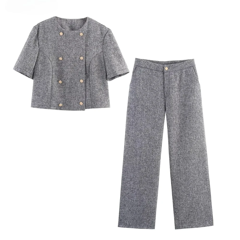 2 pieces 1 Set 2025 Autumn Mixed Gray Tweed Double-breasted Buttons Short Sleeve Shirt + High Waist Long Straight Pants Suits
2 pieces 1 Set 2025 Autumn Mixed Gray Tweed Double-breasted Buttons Short Sleeve Shirt + High Waist Long Straight Pants Suits