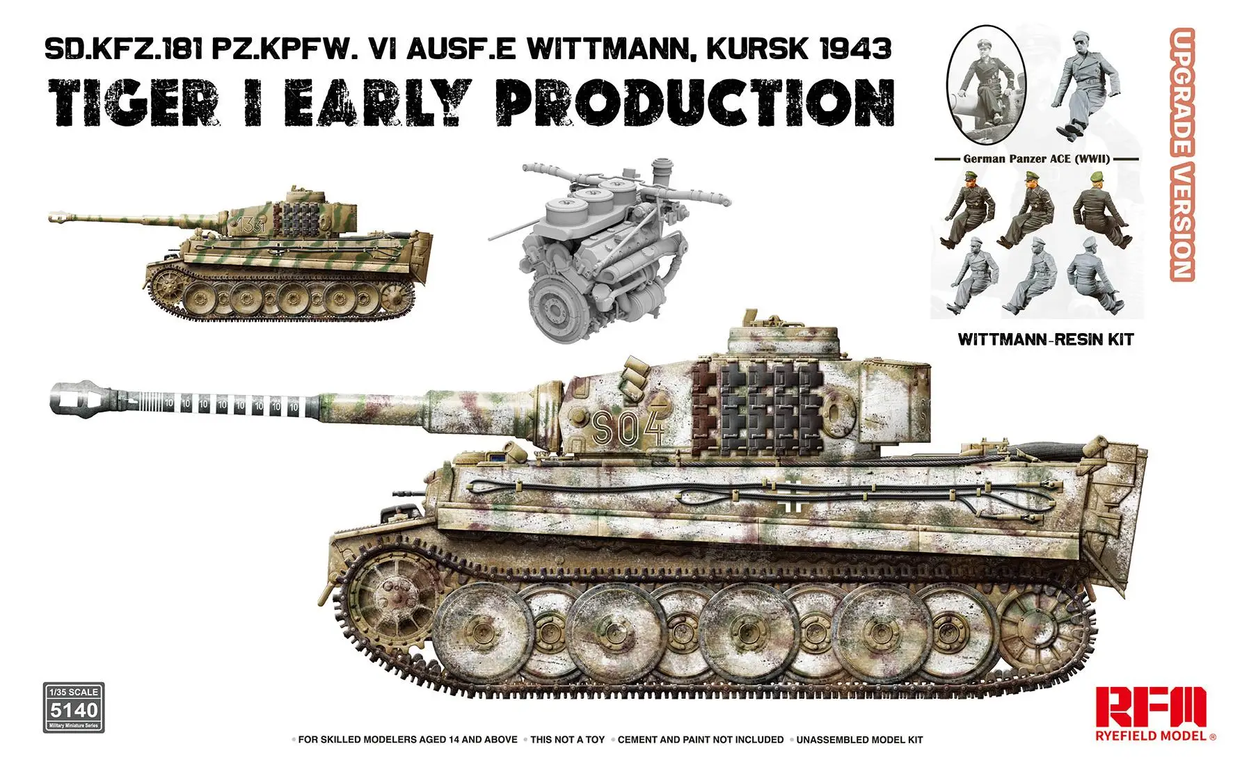 RYEFIELD 5140 масштаб 1/35, Sd.Kfz.181 TIGER I EARLY PRODUCTION KURSK 1943 с двигателем и WITTMANN (фигурка из смолы), обновленная версияP
RYEFIELD 5140 масштаб 1/35, Sd.Kfz.181 TIGER I EARLY PRODUCTION KURSK 1943 с двигателем и WITTMANN (фигурка из смолы), обновленная версияP