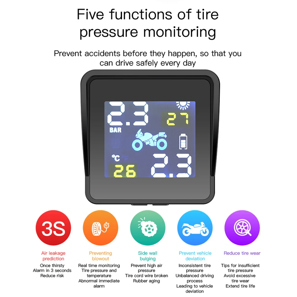 Solar Charging LCD Motorcycle TPMS Tire Pressure Tyre Temperature Monitoring Alarm System Auto Replacement Parts with 2 Sensors
Solar Charging LCD Motorcycle TPMS Tire Pressure Tyre Temperature Monitoring Alarm System Auto Replacement Parts with 2 Sensors