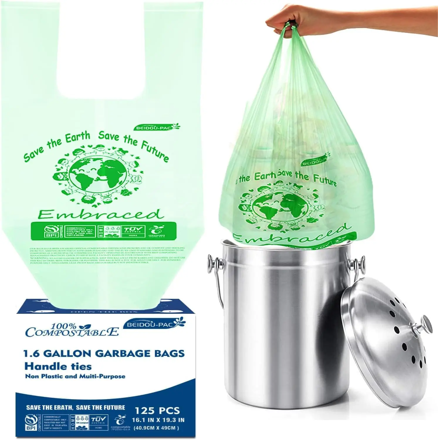 1.6 Gallon Compostable Trash Bags with Handle, 125 Count Small Kitchen Garbage Bags, Food Scrap Waste Bags for Countertop Bin, BPI Certified
1.6 Gallon Compostable Trash Bags with Handle, 125 Count Small Kitchen Garbage Bags, Food Scrap Waste Bags for Countertop Bin, BPI Certified