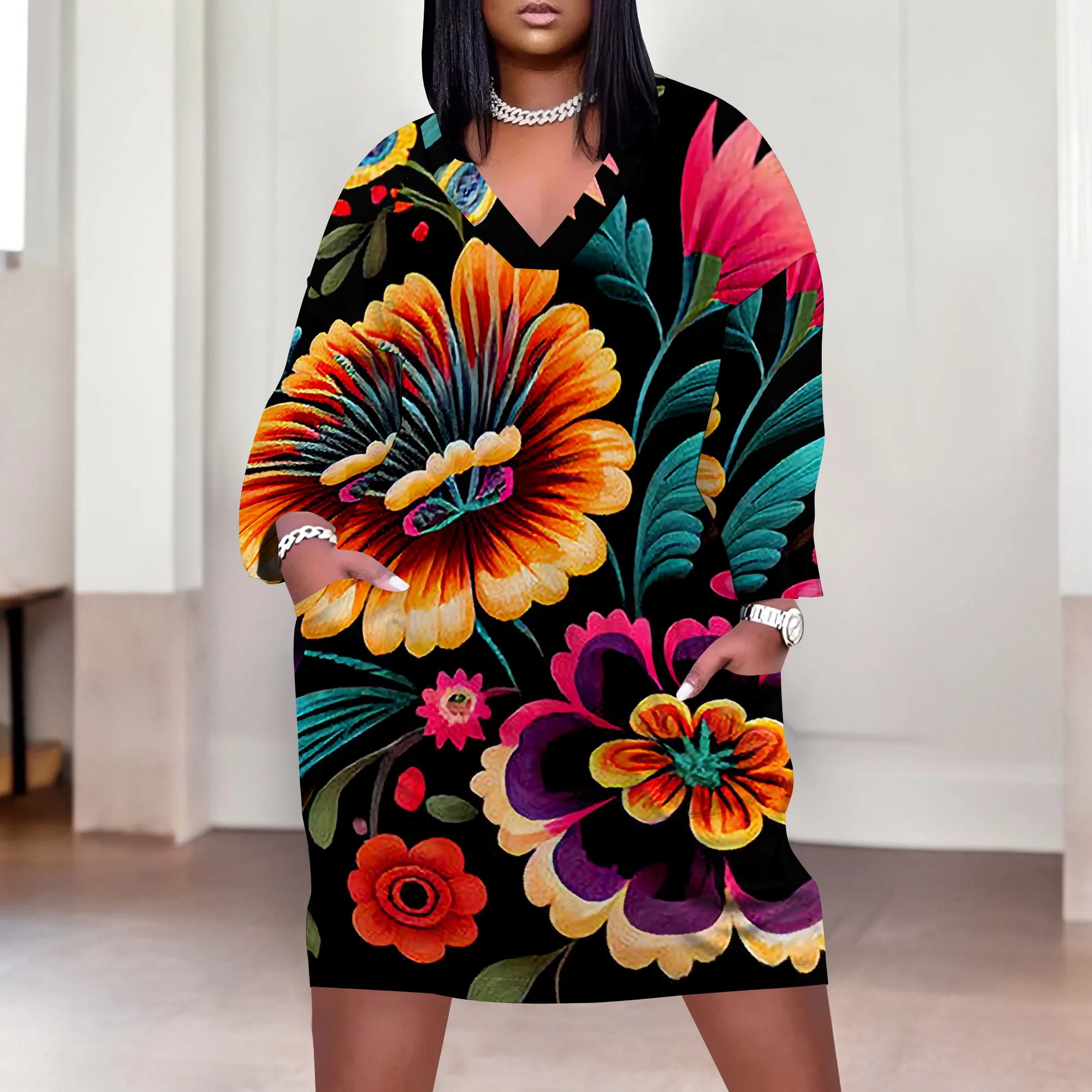 Plus Size Floral Print Dress for Women XL-6XL, V-Neck Bold Floral Design, Vibrant and Elegant for Spring & Evening Parties
Plus Size Floral Print Dress for Women XL-6XL, V-Neck Bold Floral Design, Vibrant and Elegant for Spring & Evening Parties