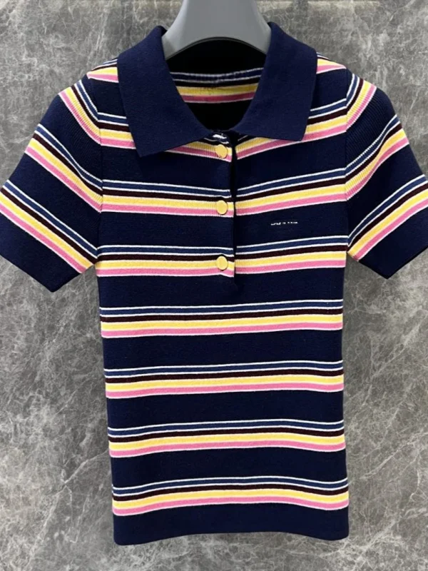 Women's Colorful Letter Embroidery Striped Knit Top - Short Sleeve Polo Neck Sweater for Spring Summer Fashion
Women's Colorful Letter Embroidery Striped Knit Top - Short Sleeve Polo Neck Sweater for Spring Summer Fashion