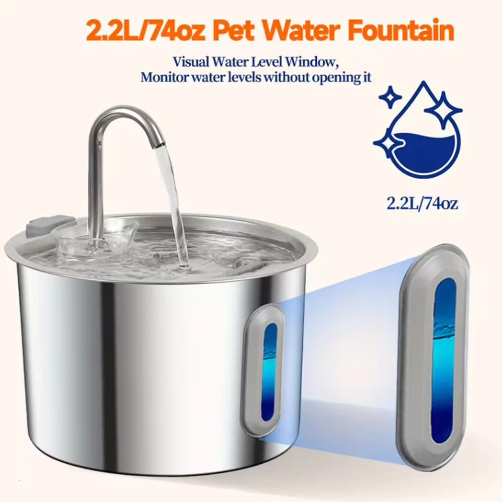 2.2L Cat Water Fountain 304 Stainless Steel Pet Water Dispenser, Cat and Dog Drinking Bowl with Visual Water Level Window
2.2L Cat Water Fountain 304 Stainless Steel Pet Water Dispenser, Cat and Dog Drinking Bowl with Visual Water Level Window