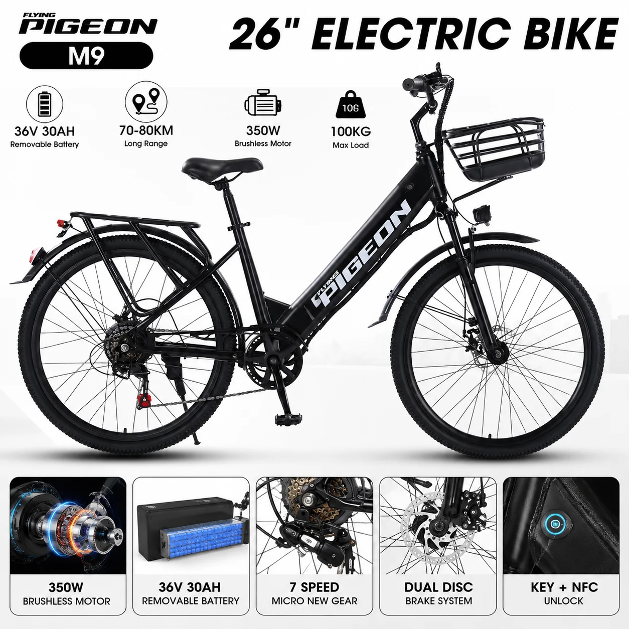 NFC unlock E-Bike 26 Inch Electric Bicycle 350W Motor 36V 30Ah Lithium Battery 70-80KM Range 7 Speed Dual Disc Brake E-Bike
NFC unlock E-Bike 26 Inch Electric Bicycle 350W Motor 36V 30Ah Lithium Battery 70-80KM Range 7 Speed Dual Disc Brake E-Bike