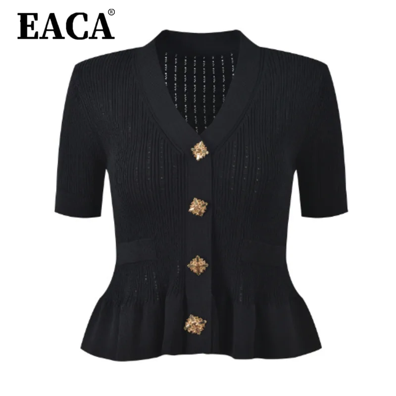 EACA A Solid Color, Versatile 2025 Summer New V-neck High-quality Single-row Ruffled Elegant Short-sleeved Knitted Top For Women
EACA A Solid Color, Versatile 2025 Summer New V-neck High-quality Single-row Ruffled Elegant Short-sleeved Knitted Top For Women