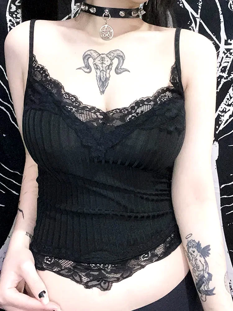 Gothic Basic Bodycon Women Camis Grunge Punk Black Casual Lace Trim Crop Tops Ribbed Backless Alt Clothes Summer
Gothic Basic Bodycon Women Camis Grunge Punk Black Casual Lace Trim Crop Tops Ribbed Backless Alt Clothes Summer