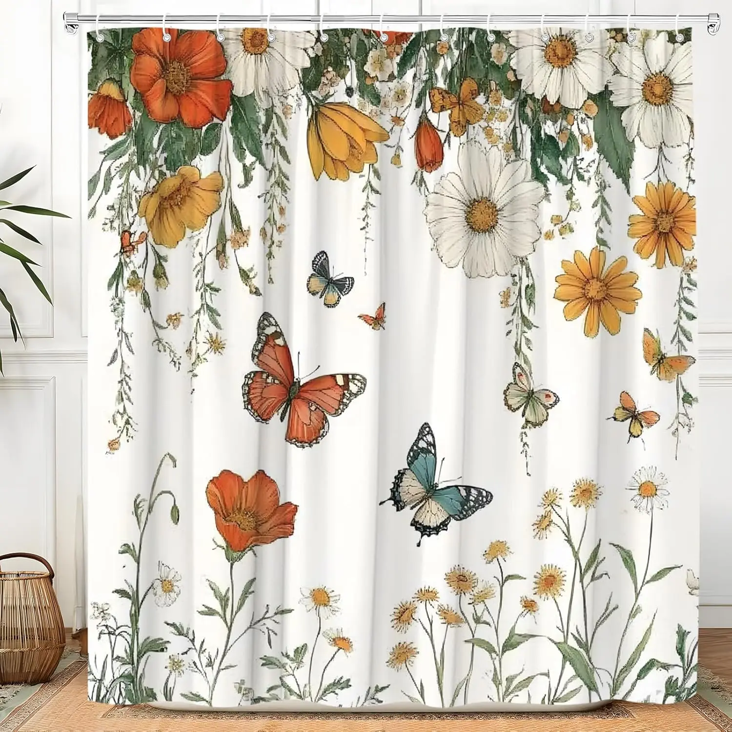 Занавеска для душа с цветочным принтом и бабочкой, винтажный цветок, деревенский фермерский дом, полевые цветы, зеленые листья, ботанический бохо, цветочная лоза, ретро-растение
Занавеска для душа с цветочным принтом и бабочкой, винтажный цветок, деревенский фермерский дом, полевые цветы, зеленые листья, ботанический бохо, цветочная лоза, ретро-растение