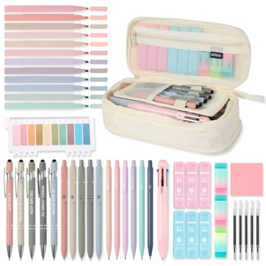 56 PCS Aesthetic School Supplies with Large Pencil Case, 5 Inspirational Ballpoint Pens, 12 Pastel Highlighters, 5 Black Ink Ge
56 PCS Aesthetic School Supplies with Large Pencil Case, 5 Inspirational Ballpoint Pens, 12 Pastel Highlighters, 5 Black Ink Ge