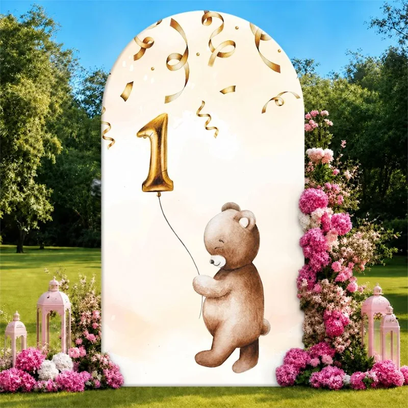 Single Side Arch Backdrop Cover Golden Number One Balloon Bear Theme Backdrop for Birthday Celebrations with Floral Arch
Single Side Arch Backdrop Cover Golden Number One Balloon Bear Theme Backdrop for Birthday Celebrations with Floral Arch