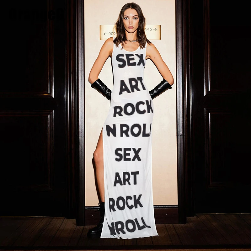 OrangeG White Letter Printed Long Dress Women U Neck Tank Sleeveless Double High Slit Fashionable High Street Costumes Punk
OrangeG White Letter Printed Long Dress Women U Neck Tank Sleeveless Double High Slit Fashionable High Street Costumes Punk