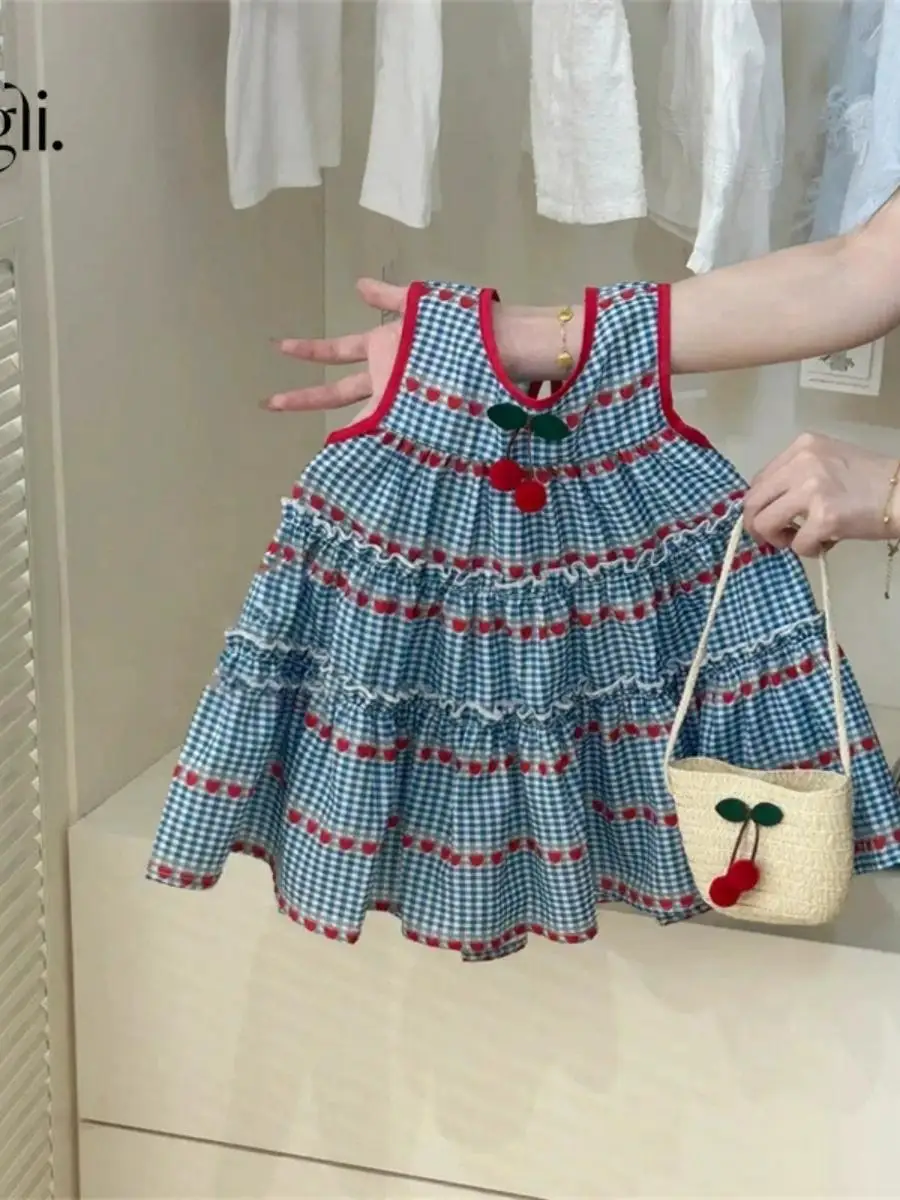 Sweet Blue Plaid Svel Dr for Girls Baby Cherry Vest Skirt Spring Summer New Arrival Silk Material Commute Sle
Sweet Blue Plaid Svel Dr for Girls Baby Cherry Vest Skirt Spring Summer New Arrival Silk Material Commute Sle