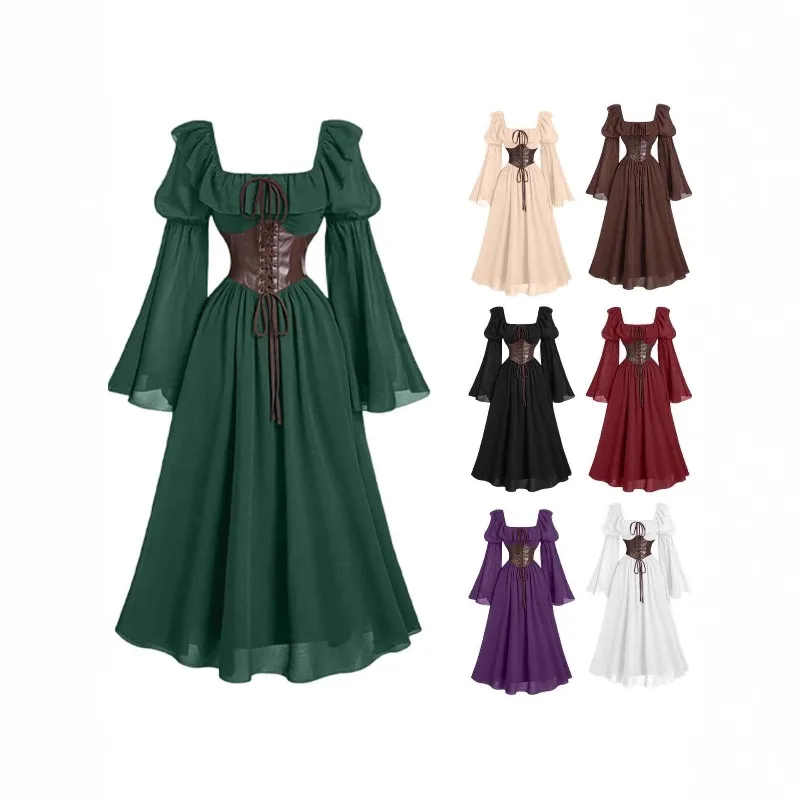 Medieval European and American Halloween New Women's Palace Vintage Dress Horn Sleeve Waist Square Neck Bat Sleeve Long Dress 
Medieval European and American Halloween New Women's Palace Vintage Dress Horn Sleeve Waist Square Neck Bat Sleeve Long Dress