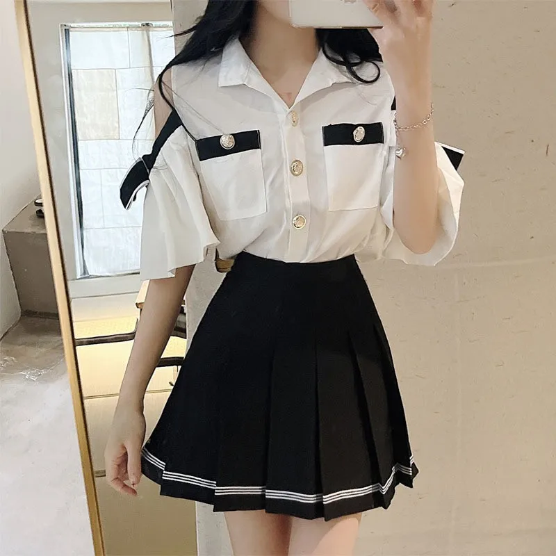 Summer Sexy Hot Girl 2 Piece Suits Harajuku JK Outfits Off Shoulder White Shirt Top&Pleated Black Mini Skirt Fashion 2pc Uniform
Summer Sexy Hot Girl 2 Piece Suits Harajuku JK Outfits Off Shoulder White Shirt Top&Pleated Black Mini Skirt Fashion 2pc Uniform