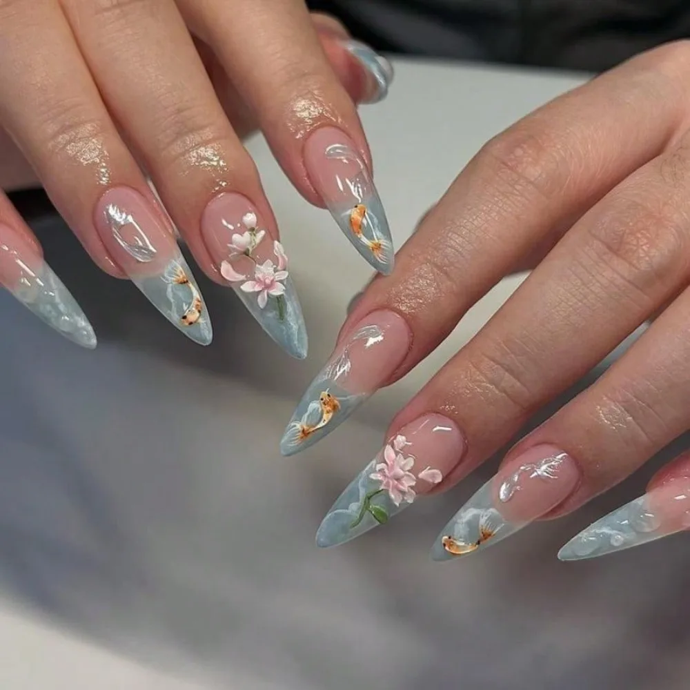 Spring Fairy Core Press-On Nails - Hand-Painted Botanicals & Gold Koi Fish, French Ombré Gel Tips With Crystal Sheer Effect
Spring Fairy Core Press-On Nails - Hand-Painted Botanicals & Gold Koi Fish, French Ombré Gel Tips With Crystal Sheer Effect
