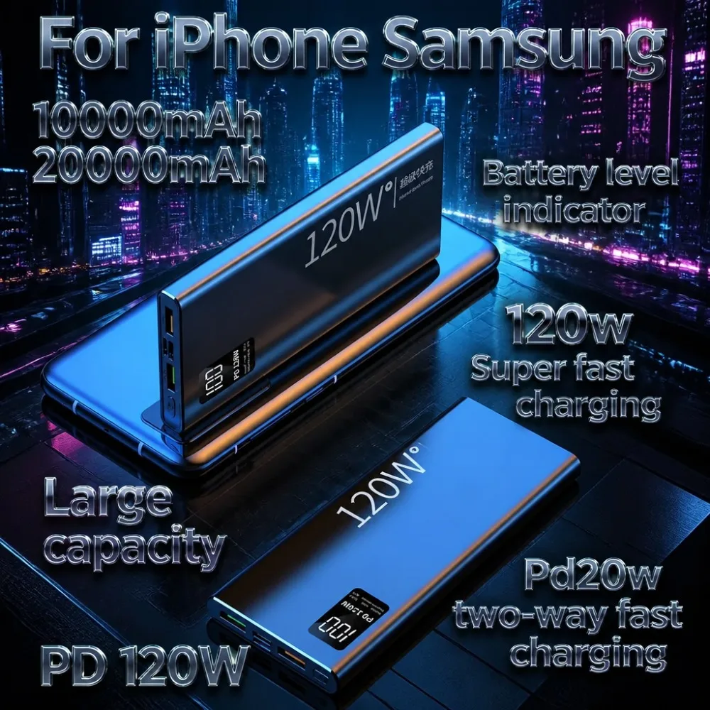 120W 20000mAh Power Bank, 3C Certified PD Fast Charging Portable Battery with LED Display for iPhone Samsung PowerBank
120W 20000mAh Power Bank, 3C Certified PD Fast Charging Portable Battery with LED Display for iPhone Samsung PowerBank
