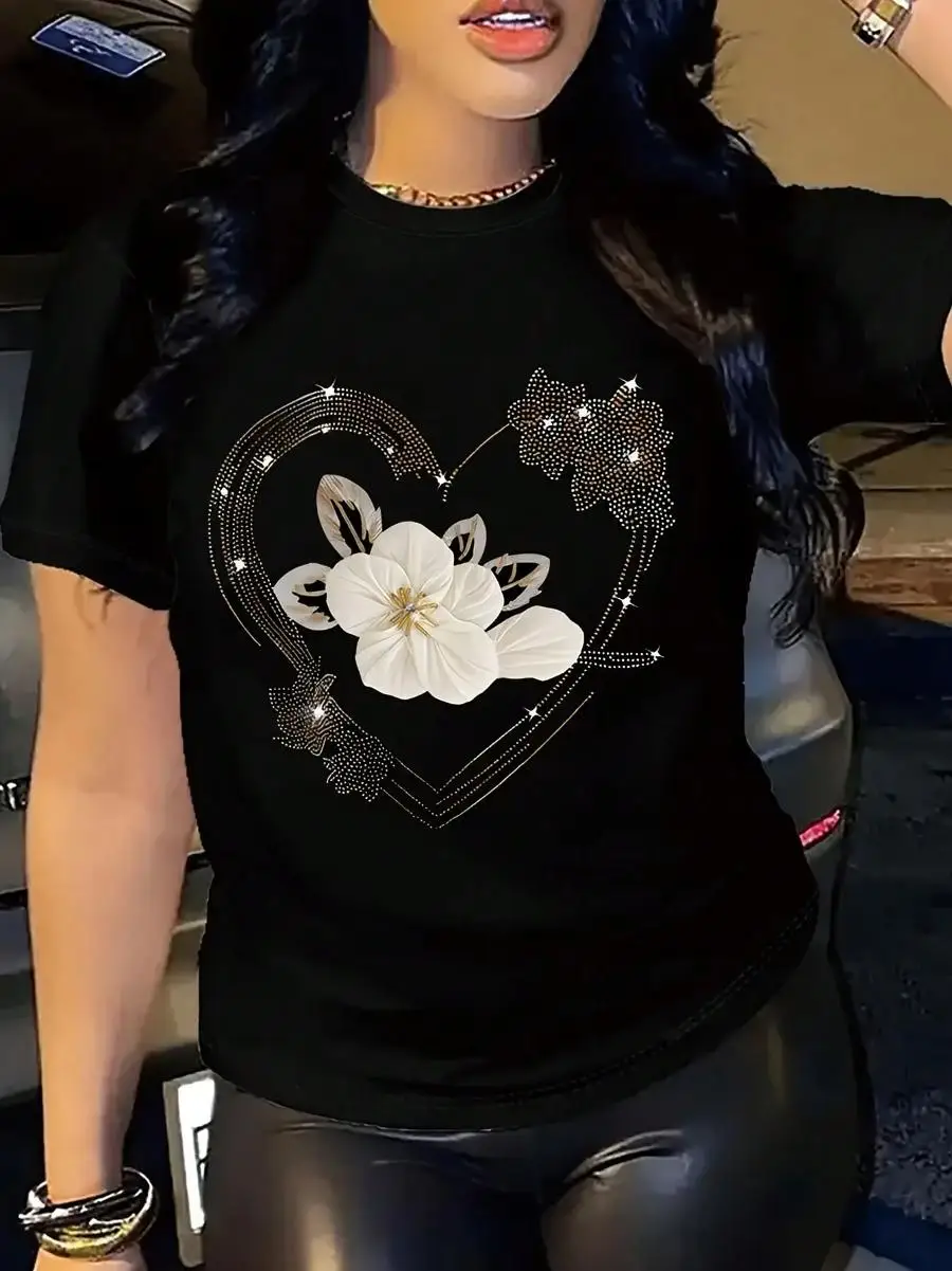 Women s Floral Heart Graphic T-Shirt - Black With White Flowers - Soft Everyday Casual Top - Machine Washable Round Neck Shirt For Women - Everyd
Women s Floral Heart Graphic T-Shirt - Black With White Flowers - Soft Everyday Casual Top - Machine Washable Round Neck Shirt For Women - Everyd