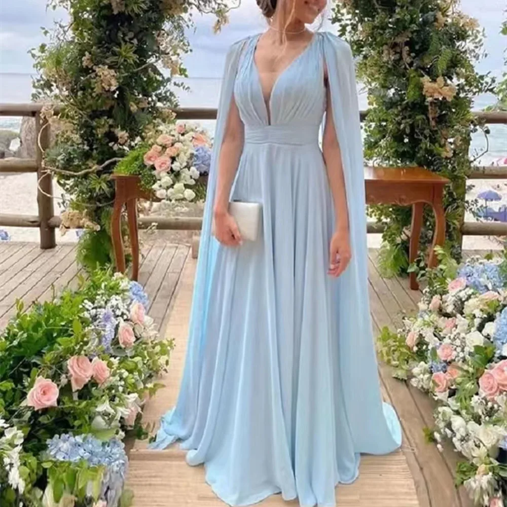 Long A Line Bridesmaid Dresses With Streamer Cape Sky Blue Chiffon Plunging Neck Backless Party Dress Maid Of Honor
Long A Line Bridesmaid Dresses With Streamer Cape Sky Blue Chiffon Plunging Neck Backless Party Dress Maid Of Honor