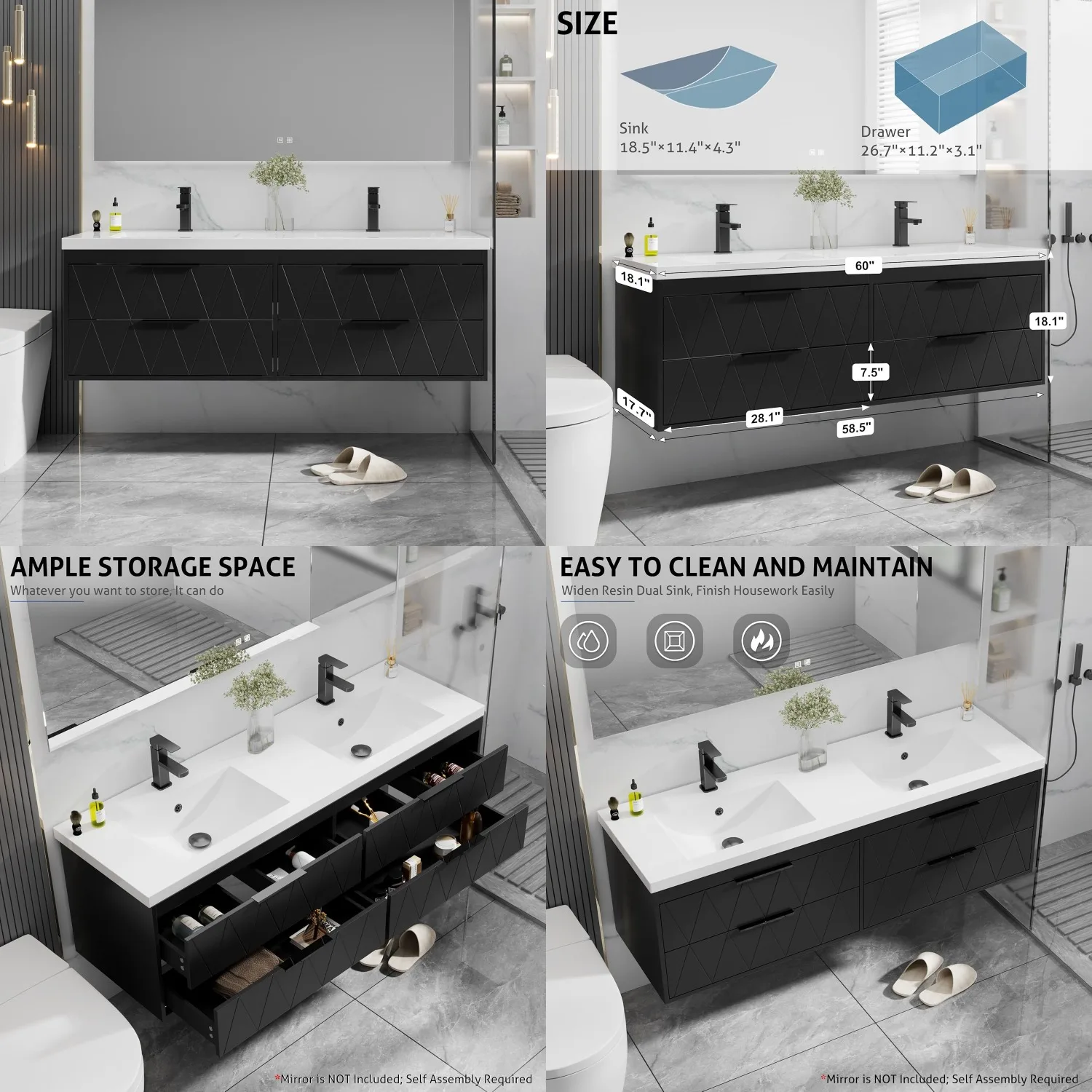 60" Bathroom Vanity Cabinet with Sink Combo Wall Mounted Floating Soft-Close 4 Big Drawers Matte Black Faucet, Customized
60" Bathroom Vanity Cabinet with Sink Combo Wall Mounted Floating Soft-Close 4 Big Drawers Matte Black Faucet, Customized