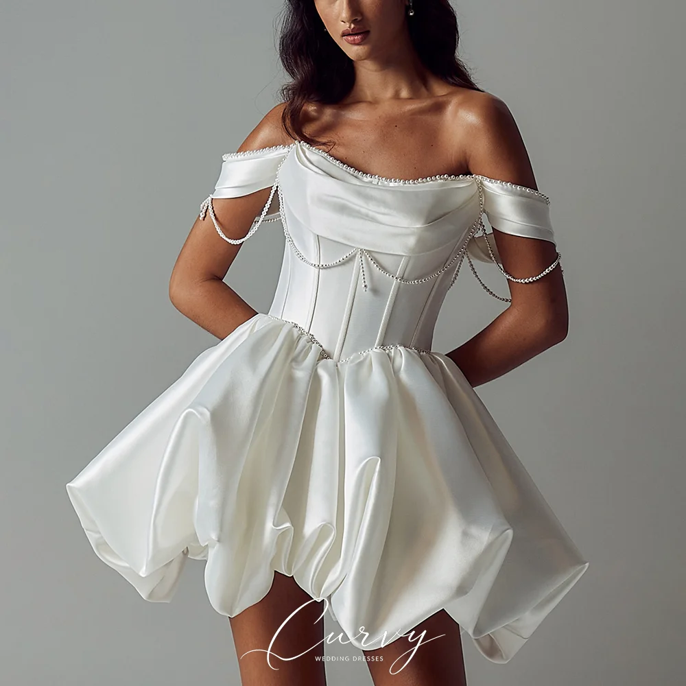 Curvy Modern Off Shoulder Satin Short Wedding Dresses for Women Corset Bridal Dress with Puff Bubble Skirt Customized
Curvy Modern Off Shoulder Satin Short Wedding Dresses for Women Corset Bridal Dress with Puff Bubble Skirt Customized
