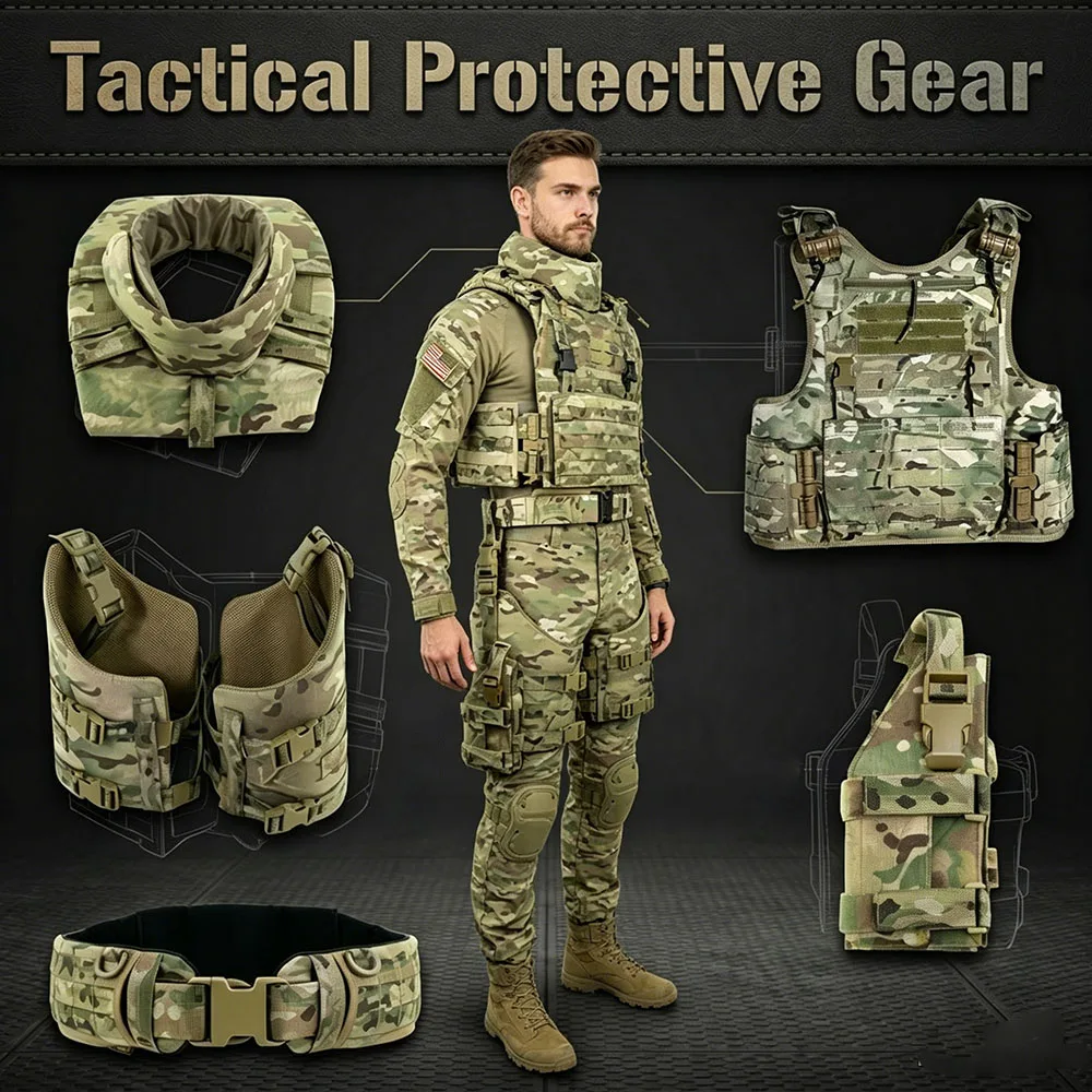 Body Protective Gear Set Tactical Vest with Neck Guard Shoulder Pads Groin Protector Belt & Drop Leg Bag for Outdoor Activities
Body Protective Gear Set Tactical Vest with Neck Guard Shoulder Pads Groin Protector Belt & Drop Leg Bag for Outdoor Activities
