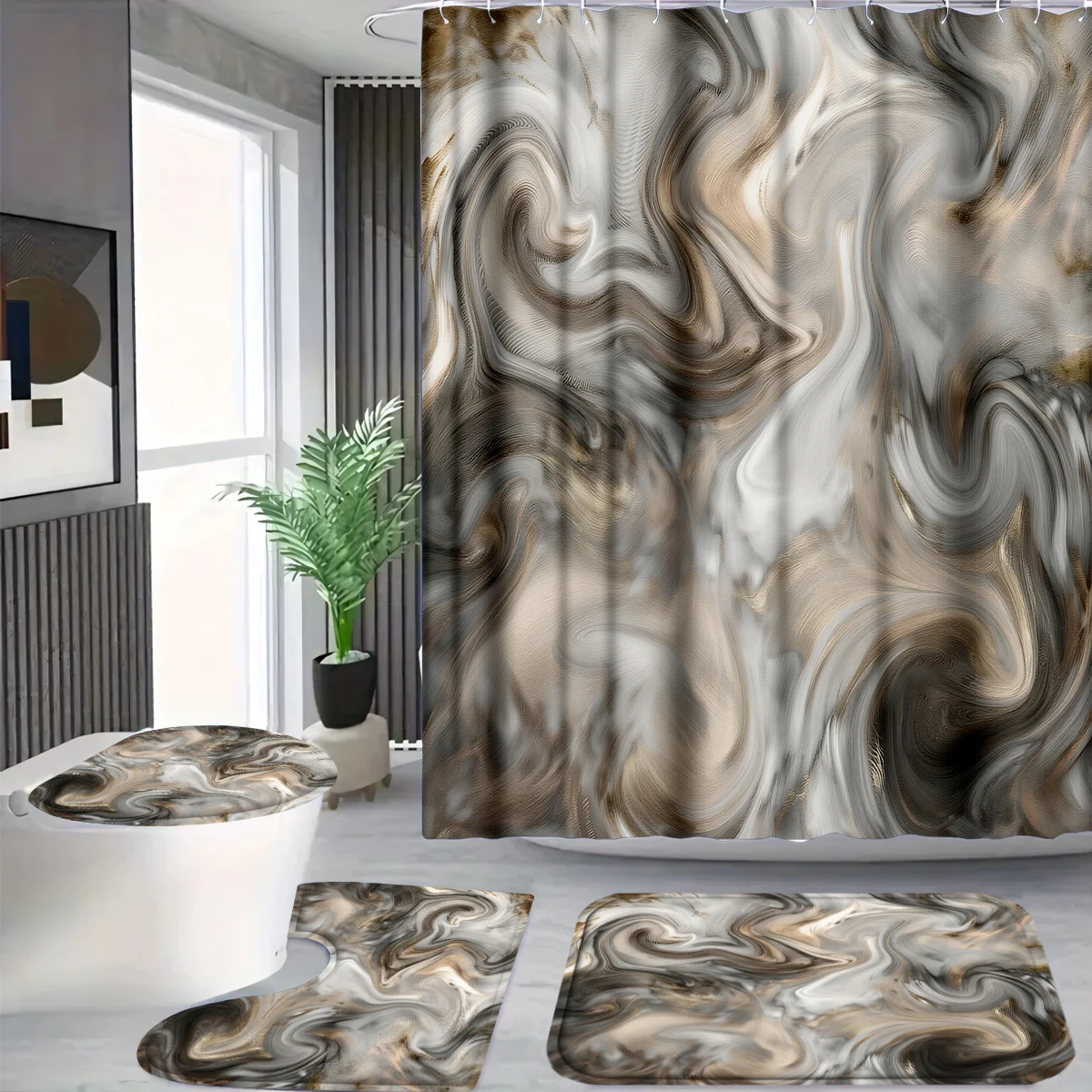 4 Pcs/Set Brown Marble Swirl Shower Curtain Bathroom Set, Neutral Abstract Print Waterproof Mildew Resistant Fabric, Family Bathroom Decor, Modern Minimalist & Neutral Style Bath Mat Set, Fits Apartment, Guest Bathroom, Home Use, Includes 12 Free Hooks
4 Pcs/Set Brown Marble Swirl Shower Curtain Bathroom Set, Neutral Abstract Print Waterproof Mildew Resistant Fabric, Family Bathroom Decor, Modern Minimalist & Neutral Style Bath Mat Set, Fits Apartment, Guest Bathroom, Home Use, Includes 12 Free Hooks