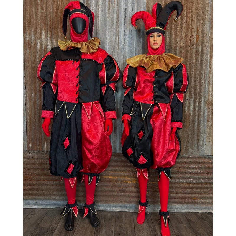 Custom Made Late 19th Century Jester Clowns Cosplay Costume Mens Medieval Joker Suit Women Red Black Halloween Clown Costume
Custom Made Late 19th Century Jester Clowns Cosplay Costume Mens Medieval Joker Suit Women Red Black Halloween Clown Costume