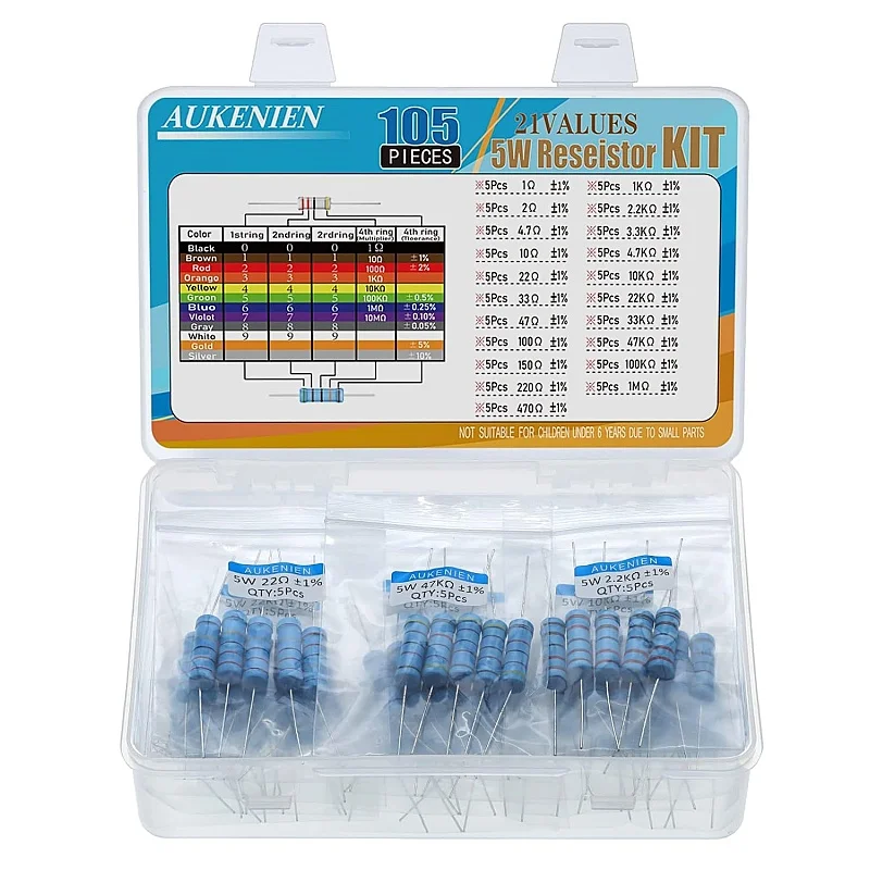 Ассортимент резисторов AUKENIEN, 5 Вт, 21 значение, 105 шт. Металлопленочные резисторы, резисторы от 1 до 1 м, допуск ± 1 %
Ассортимент резисторов AUKENIEN, 5 Вт, 21 значение, 105 шт. Металлопленочные резисторы, резисторы от 1 до 1 м, допуск ± 1 %