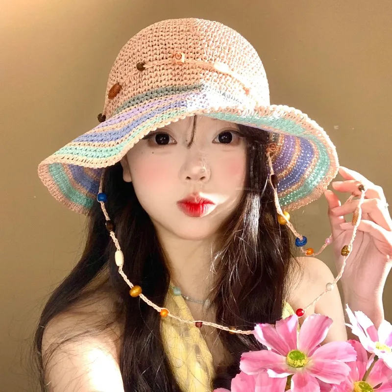 Bohemian Fashion Beaded Lace-up Straw Caps Women Summer Travel Sunscreen Versatile Big Brim Color Matching Striped Bucket Hats
Bohemian Fashion Beaded Lace-up Straw Caps Women Summer Travel Sunscreen Versatile Big Brim Color Matching Striped Bucket Hats