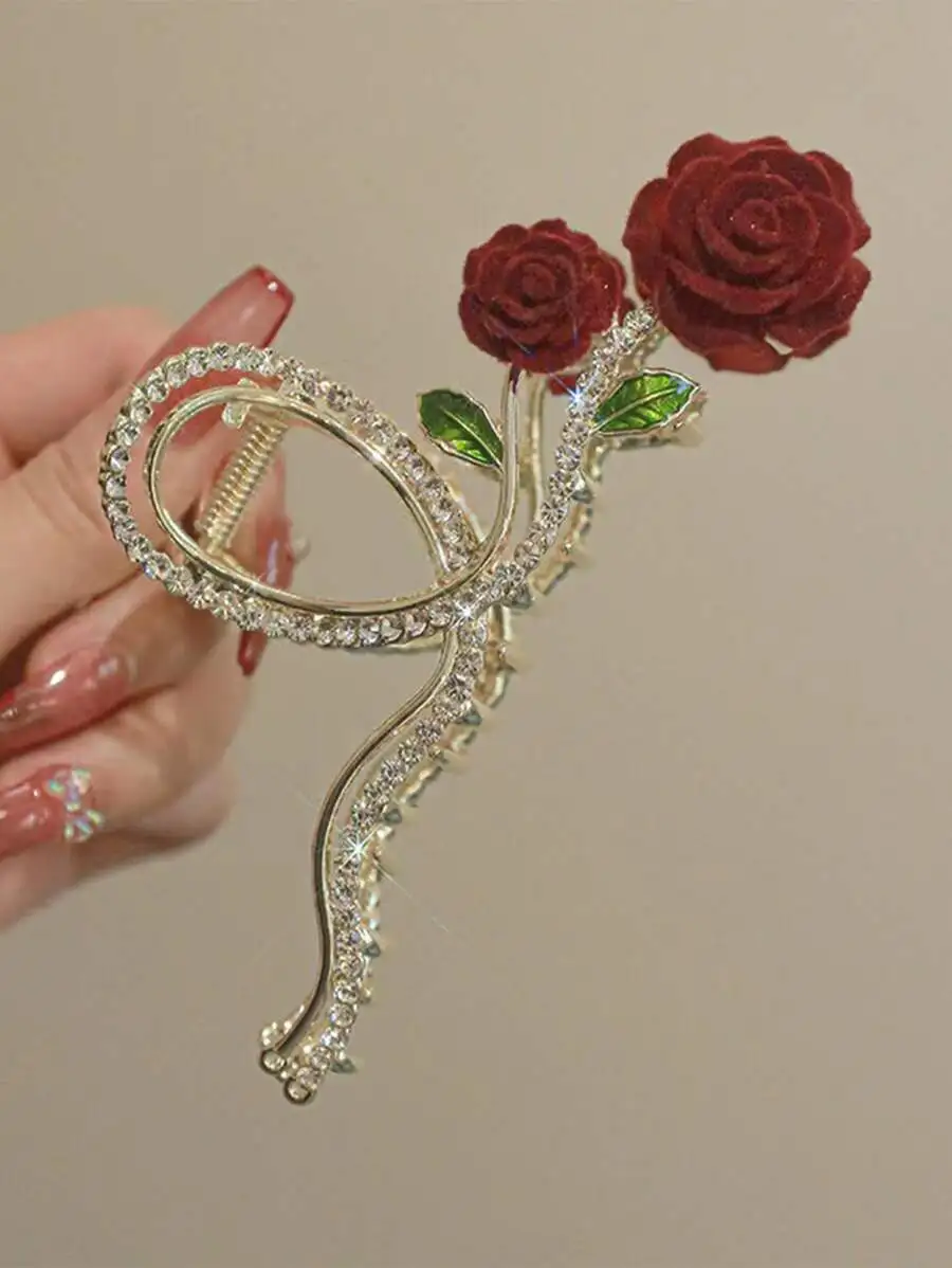Elegant Red Rose Hair Claw Clip With Rhinestones For Women
Elegant Red Rose Hair Claw Clip With Rhinestones For Women