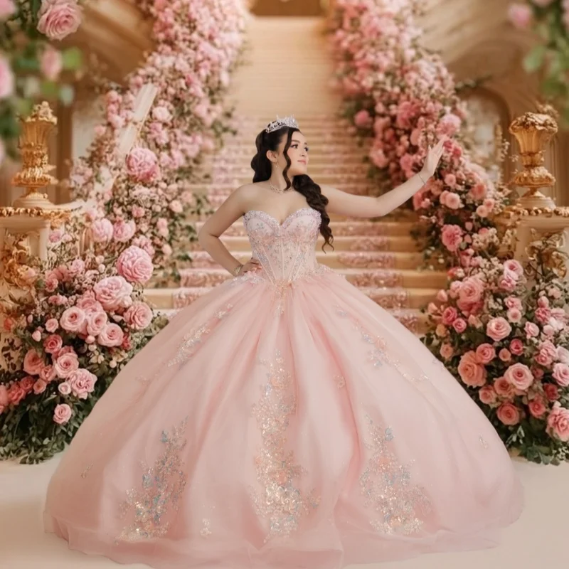 Light Pink Quinceanera Dress off-shoulder Glitter Flower Crystal Decal Long tail Bow vestidos de 15 Quinceanera Customized
Light Pink Quinceanera Dress off-shoulder Glitter Flower Crystal Decal Long tail Bow vestidos de 15 Quinceanera Customized