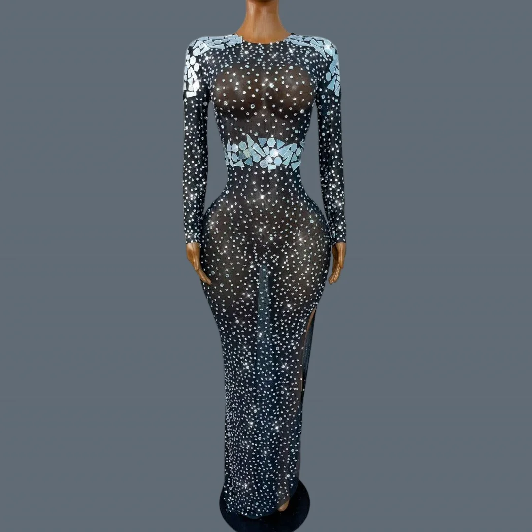 Black Mesh Sparkly Rhinestone Long Sleeve Maxi Dress Mirror Patchwork High Slit Sheer Bodycon Outfit Women Evening Gown Huadai
Black Mesh Sparkly Rhinestone Long Sleeve Maxi Dress Mirror Patchwork High Slit Sheer Bodycon Outfit Women Evening Gown Huadai