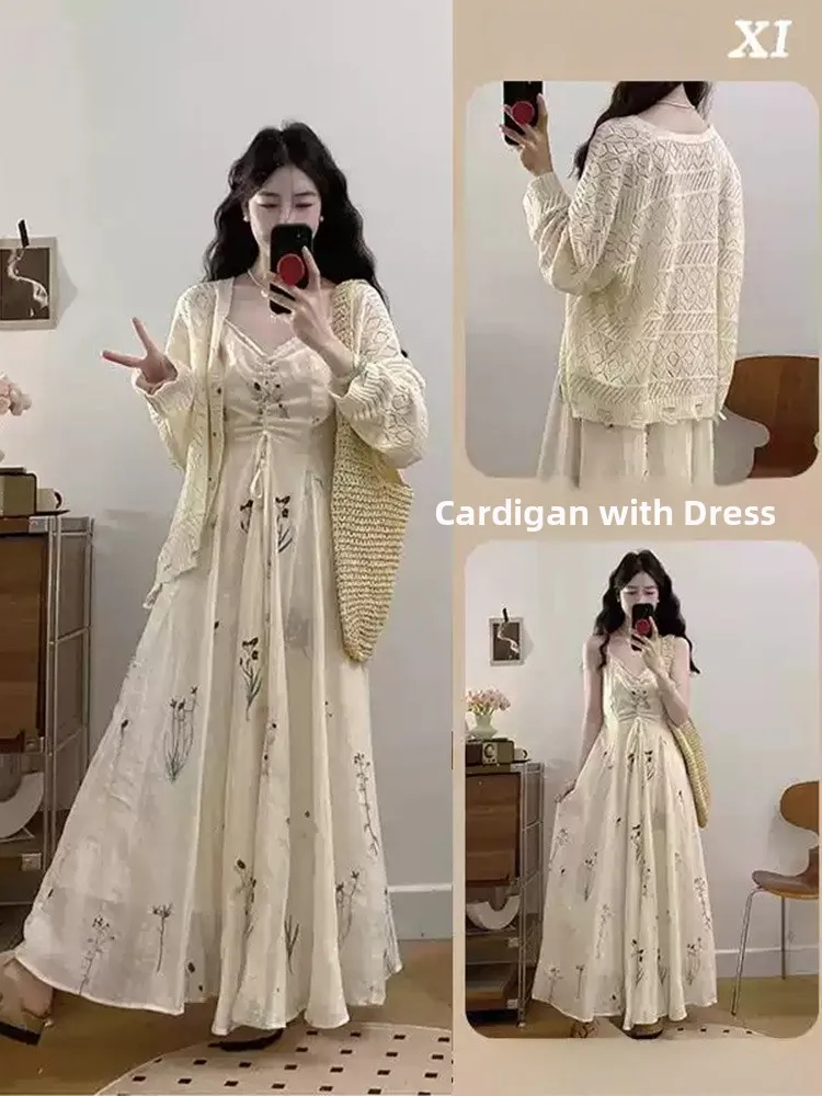 Spring 2026 Soft Vacation Style Slimming Cardigan Strap Dress Two-Piece Set Fashionable V-Neck Long Sleeve Women's Ensemble
Spring 2026 Soft Vacation Style Slimming Cardigan Strap Dress Two-Piece Set Fashionable V-Neck Long Sleeve Women's Ensemble