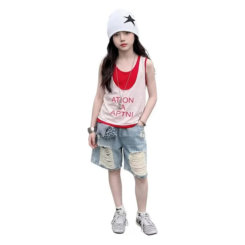Girls Summer Set Fashionable Children's Layered Vest And Ripped Jeans Two-Piece Suit Kids Clothing Set 5 7 9 11 13 15Y
Girls Summer Set Fashionable Children's Layered Vest And Ripped Jeans Two-Piece Suit Kids Clothing Set 5 7 9 11 13 15Y